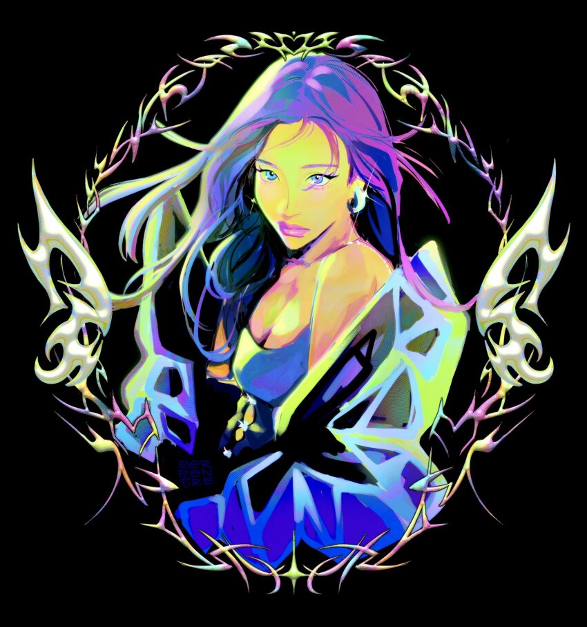 1girl, aespa, black_background, blue_eyes, closed_mouth, commentary, dress, earrings