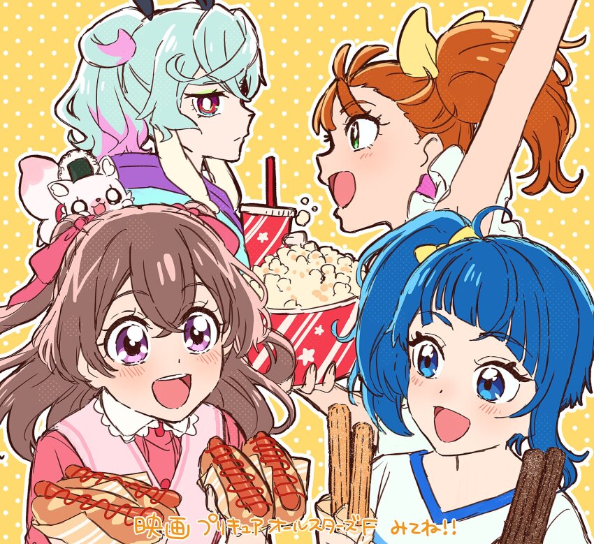 4girls, blue_eyes, blue_hair, blunt_bangs, bottle, bow, brown_hair, churro