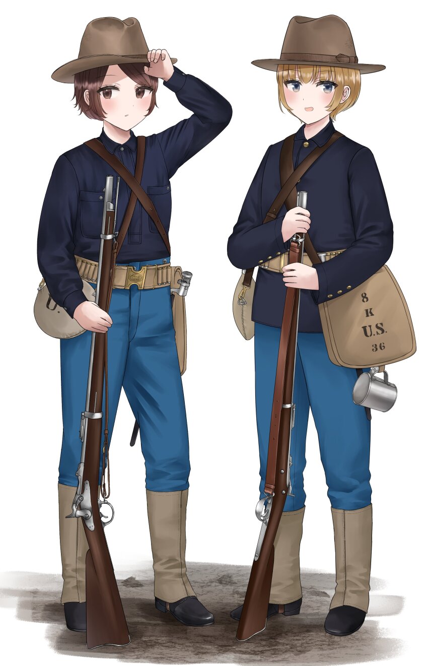 2girls, absurdres, ammunition, antique_firearm, bayonet, belt_buckle, black_shoes, blonde_hair, blue_jacket, blue_pants, blue_shirt, brown_eyes, brown_hair, buckle, campaign_hat, canteen, caplock, firearm, firelock, gaiters, grey_eyes, gun, gun_sling, highres, holding, holding_gun, holding_weapon, jacket, jouji_(george_sakura), military, military_uniform, multiple_girls, original, pants, rifle, rifle_cartridge, shirt, shirt_tucked_in, shoes, spanish-american_war, weapon