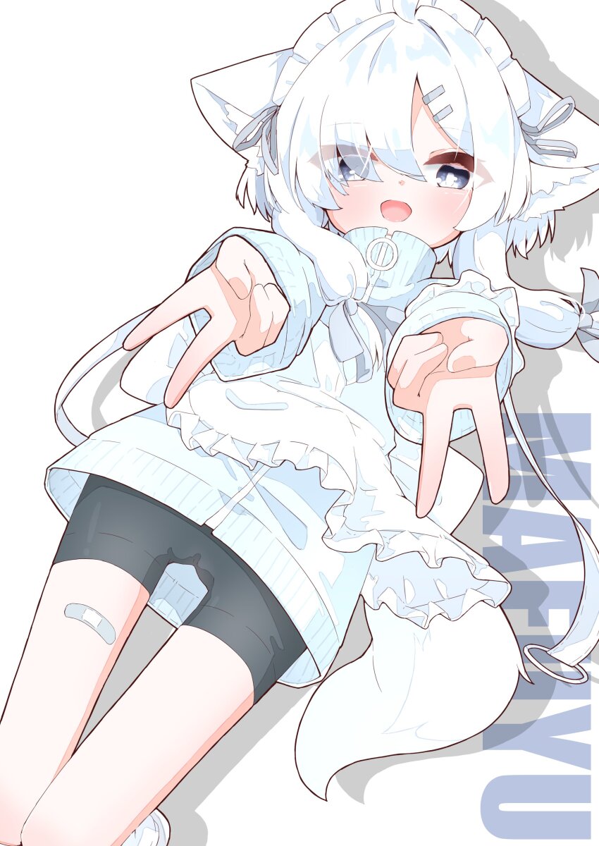 1girl, :d, absurdres, ahoge, animal_ear_fluff, animal_ears, apron, bandaid