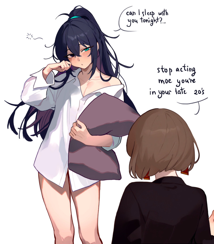 1boy, 1girl, black_shirt, blush, bob_cut, brown_hair, earrings, half_updo