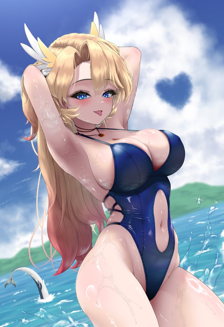 2girls, absurdres, armpits, arms_up, blonde_hair, blue_eyes, blue_one-piece_swimsuit, blue_sky, blush, breasts, casual_one-piece_swimsuit, cetacean_tail, cleavage, clothing_cutout, cloud, collarbone, day, eien_project, female_focus, fins, fish_tail, head_wings, heart, highres, indie_virtual_youtuber, jewelry, kurayami_kilia, large_breasts, long_hair, looking_at_viewer, multiple_girls, navel, navel_cutout, necklace, ocean, one-piece_swimsuit, outdoors, shiny_skin, sky, skye_shinryu, smile, solo_focus, standing, straightpasta, swimsuit, tail, virtual_youtuber, water, wet, wings