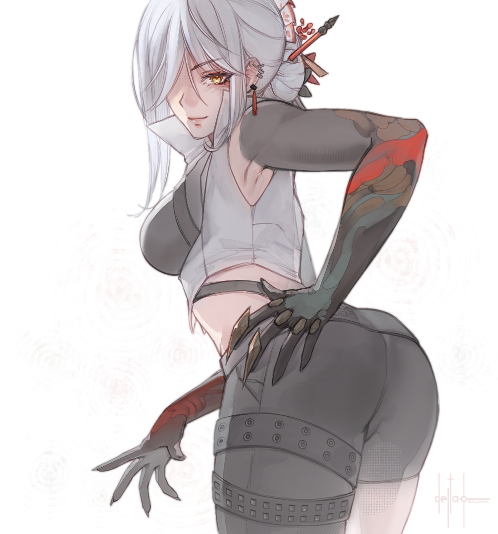 1girl, alpha:_crimson_weave_(pgr), alpha:_crimson_weave_(tsubaki)_(pgr), alpha_(pgr), alternate_costume, armpits, ass, asymmetrical_legwear