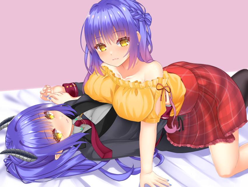 2girls, :3, absurdres, all_fours, bare_shoulders, black_suit, blue_hair, blue_nails
