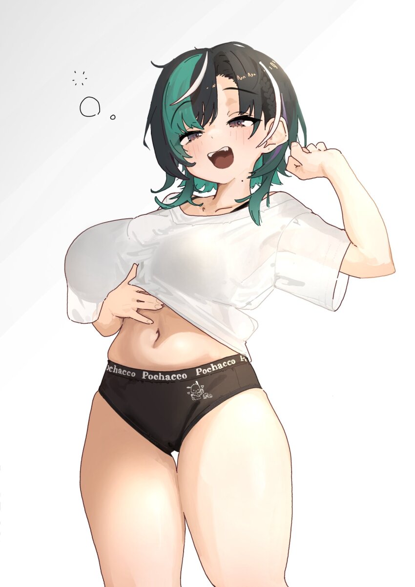 1girl, black_hair, black_pantyhose, blush, breasts, brown_eyes, cowboy_shot, green_hair