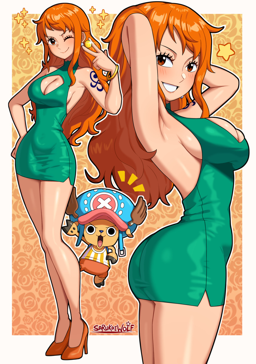 1boy, 1girl, absurdres, antlers, aqua_dress, armpits, arms_behind_head, arms_up, ass, bare_legs, blush, bracelet, breasts, cleavage_cutout, clothing_cutout, coin, covered_navel, curvy, dress, earrings, eyelashes, full_body, gold_bracelet, gold_coin, halter_dress, halterneck, high_heels, highres, horns, huge_ass, jewelry, large_breasts, long_hair, looking_at_viewer, nami_(one_piece), one_eye_closed, one_piece, orange_hair, orange_shoes, paid_reward_available, pearl_earrings, reindeer_antlers, reindeer_boy, sarukaiwolf, shoes, short_dress, shoulder_tattoo, sideboob, smile, tattoo, thighs, tight_clothes, tight_dress, tony_tony_chopper, wavy_hair