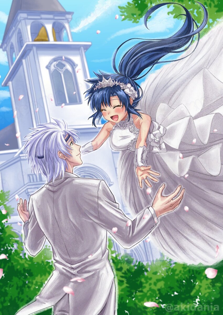 1boy, 1girl, alternate_costume, blue_hair, bride, church, church_bell, closed_eyes