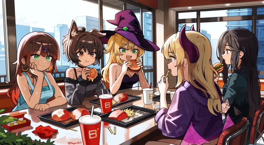 5girls, absurdres, animal_ears, bare_shoulders, black_choker, black_hair, blonde_hair, blue_overalls