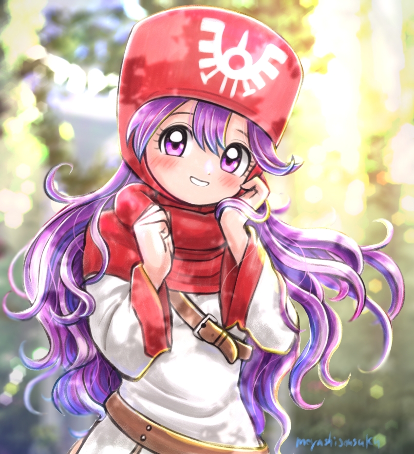 1girl, artist_name, belt, blurry, blurry_background, blush, commentary, dappled_sunlight