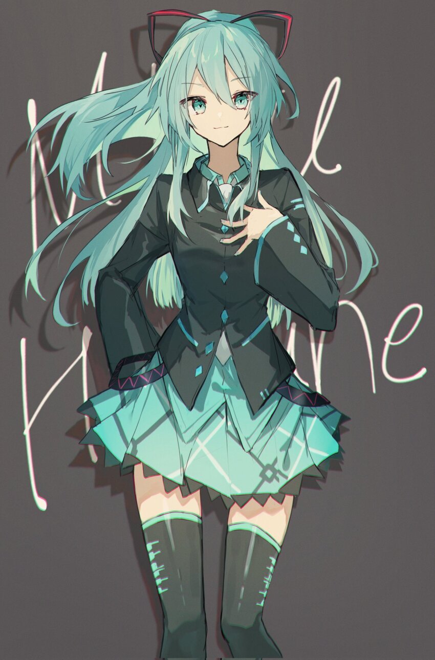 1girl, aqua_eyes, aqua_hair, aqua_nails, aqua_skirt, aqua_trim, black_background, black_boots