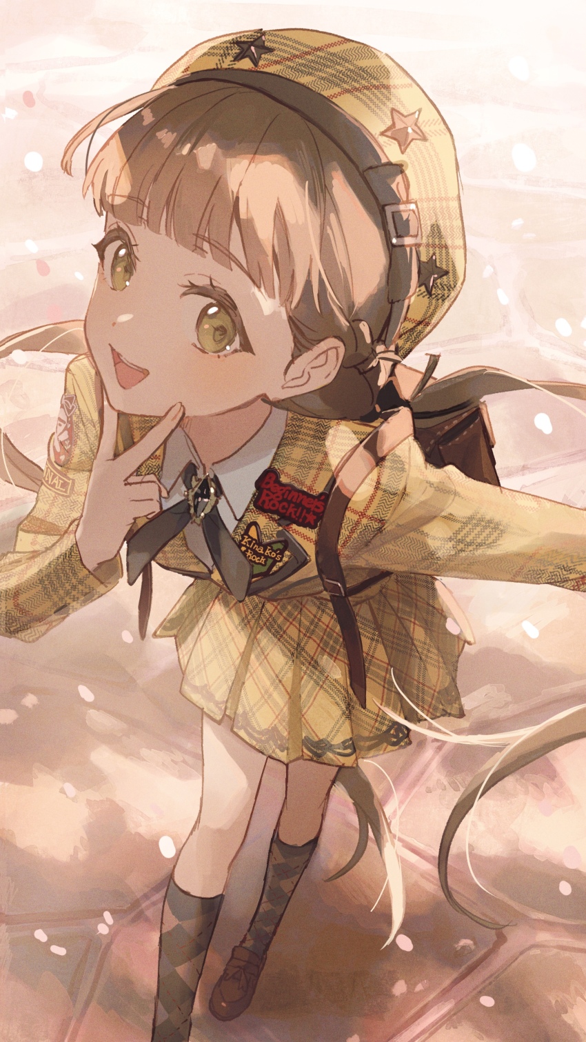 1girl, absurdres, argyle_clothes, argyle_socks, backpack, bag, beginners_rock!!, blunt_bangs, brown_bag, brown_hair, brown_shoes, foreshortening, green_eyes, hat, hat_ornament, highres, jacket, kneehighs, loafers, looking_at_viewer, love_live!, love_live!_superstar!!, open_mouth, oyuyu, plaid_clothes, plaid_hat, plaid_jacket, plaid_skirt, pleated_skirt, sakurakoji_kinako, shoes, skirt, socks, solo, star_(symbol), star_hat_ornament, teeth, upper_teeth_only, v, yellow_hat, yellow_jacket, yellow_skirt