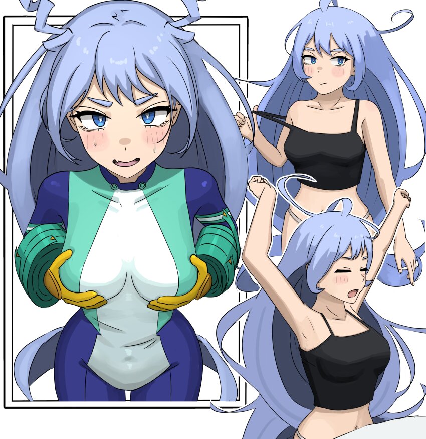 1girl, absurdres, aguxxxuu, arms_up, black_camisole, blue_bodysuit, blue_eyes, blue_hair, blush, bodysuit, boku_no_hero_academia, breasts, camisole, closed_eyes, grabbing_own_breast, green_bodysuit, hado_nejire, highres, large_breasts, long_hair, messy_hair, multicolored_bodysuit, multiple_views, navel, open_mouth, panties, stretching, sweat, underwear, white_panties