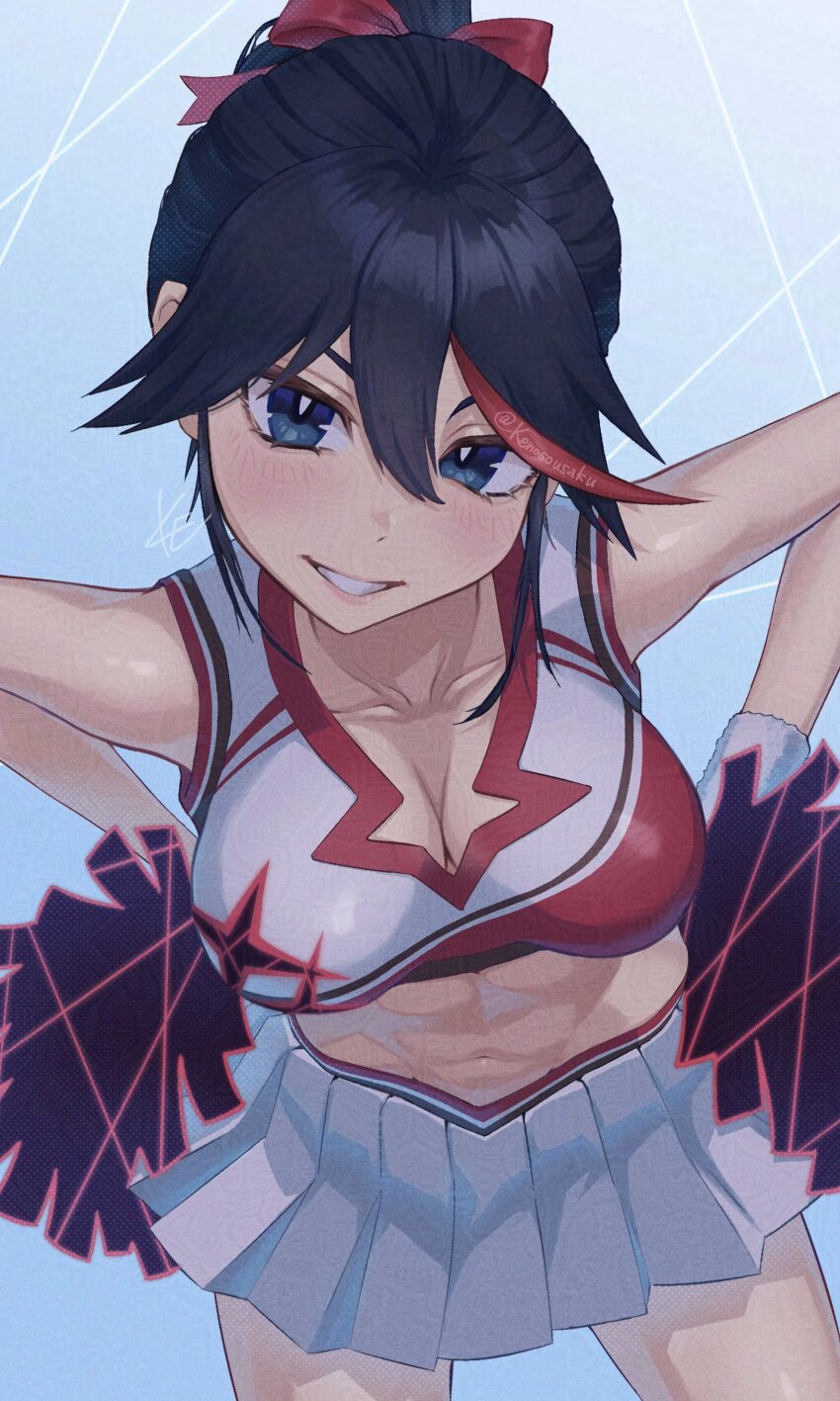 1girl, abs, absurdres, alternate_breast_size, bare_shoulders, black_hair, blue_eyes, breasts