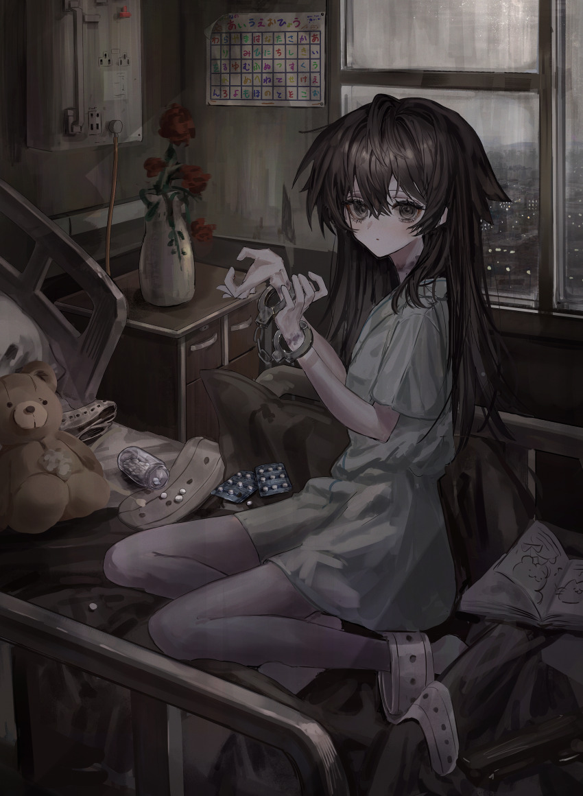 1girl, absurdres, ankle_cuffs, bed, black_hair, blister_pack, book, bruise