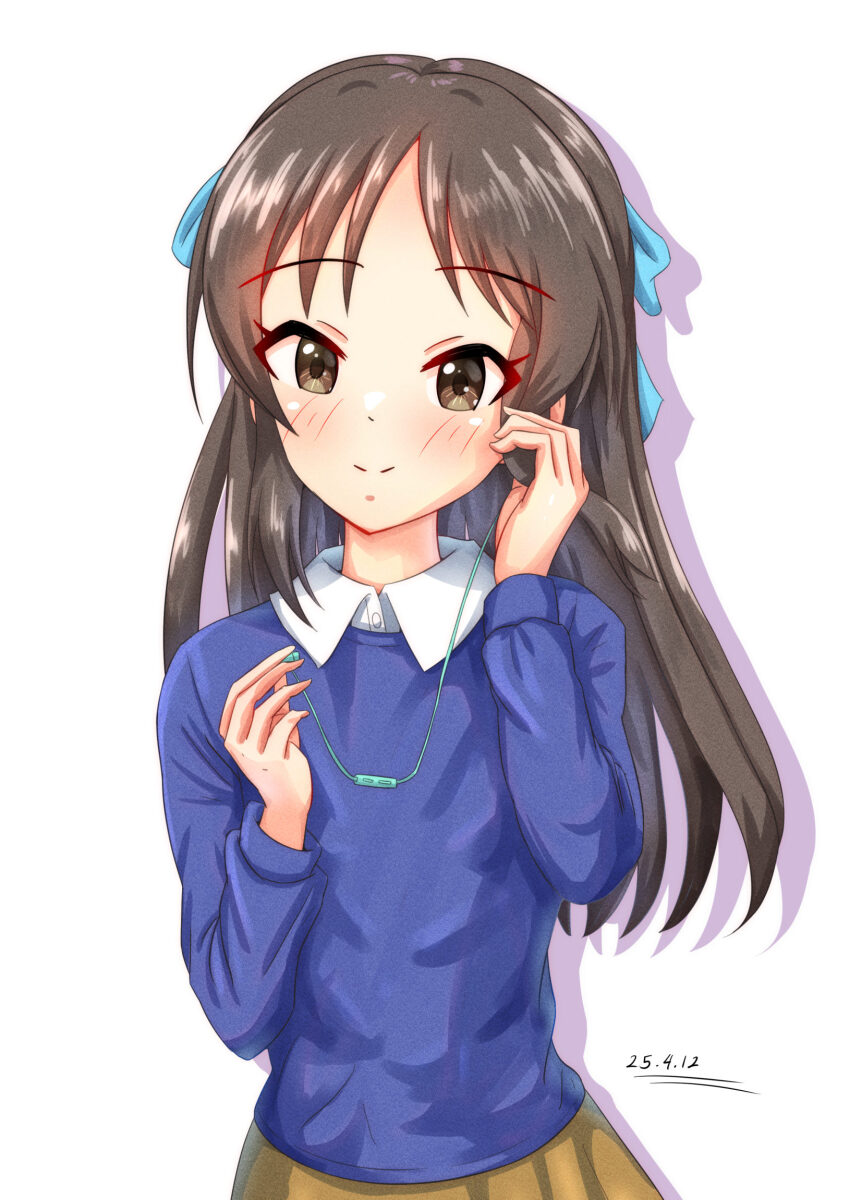 1girl, blue_shirt, blush, brown_hair, child, closed_mouth, cobbedcorn, dot_nose