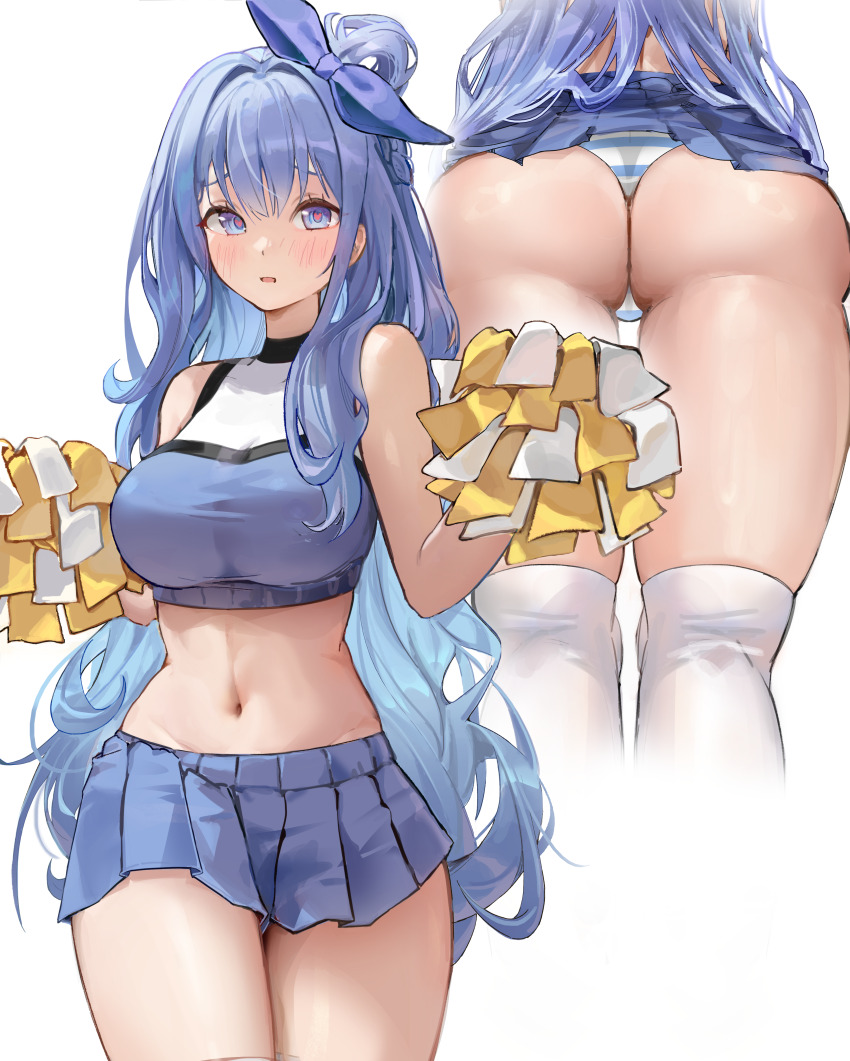 1girl, absurdres, ass, bare_arms, bare_shoulders, blue_eyes, blue_hair, blue_shirt