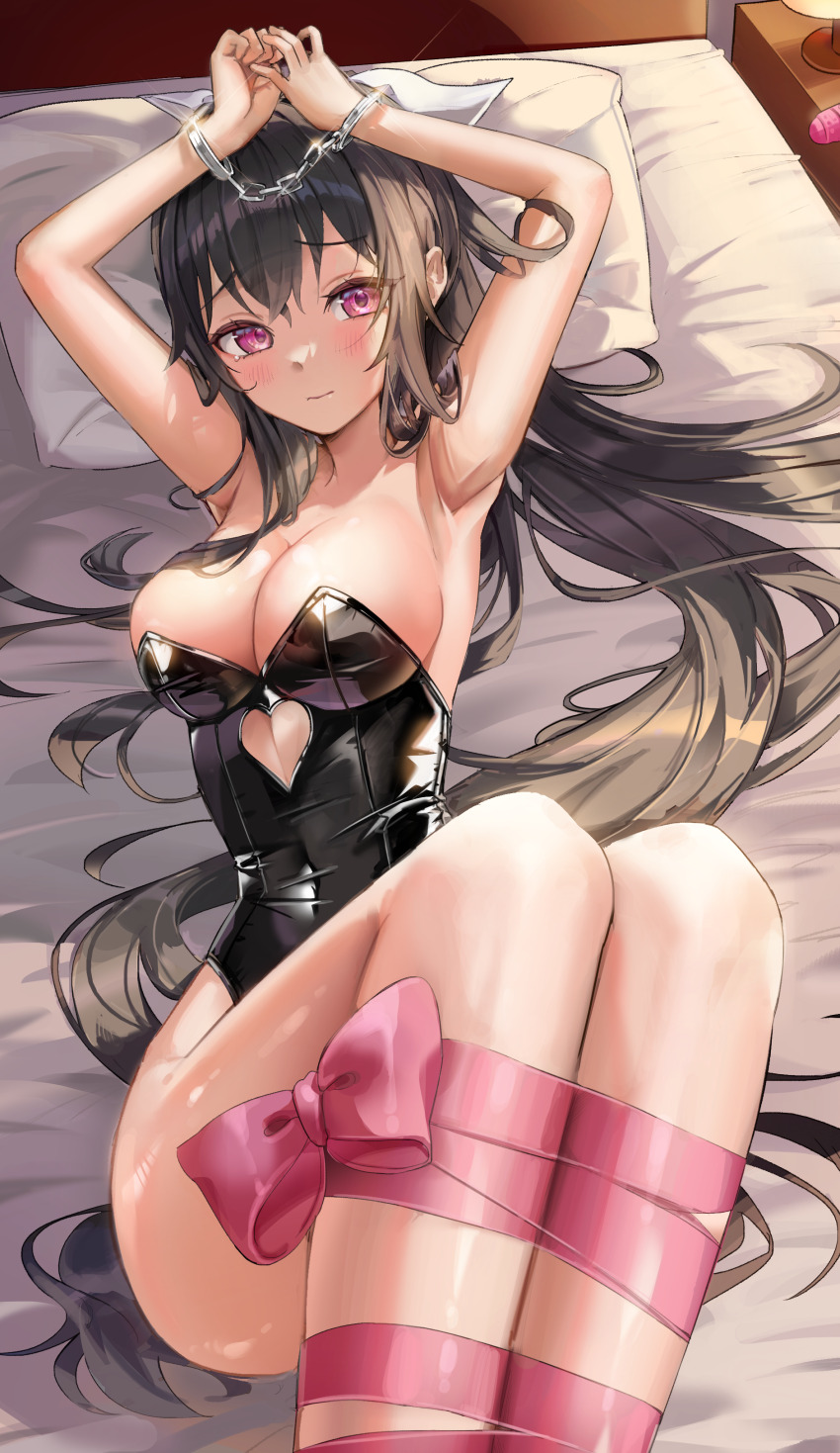 1girl, absurdres, armpits, arms_up, bare_arms, bare_shoulders, bed, black_hair