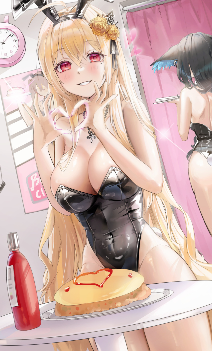 2girls, absurdres, ahoge, animal_ears, bare_arms, bare_shoulders, black_leotard, blonde_hair