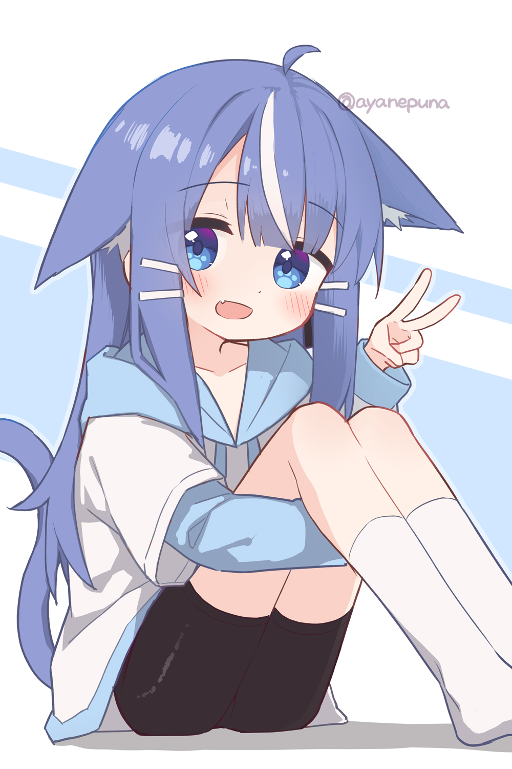 1girl, :d, ahoge, amakami_sana_(1n4b4), amakami_sana_(1n4b4)_(cosplay), animal_ear_fluff, animal_ears, bike_shorts, black_shorts, blue_background, blue_eyes, blue_hair, blue_tail, blush, cat_ears, cat_girl, cat_tail, collarbone, commentary_request, cosplay, fang, hair_ornament, hairpin, highres, hood, hood_down, kneehighs, layered_sleeves, long_hair, long_sleeves, looking_at_viewer, multicolored_hair, nia_(ayanepuna), open_mouth, original, shirt, short_over_long_sleeves, short_sleeves, shorts, sitting, smile, socks, solo, streaked_hair, tail, tail_raised, twitter_username, v, white_background, white_hair, white_shirt, white_socks, yuune_(ayanepuna)