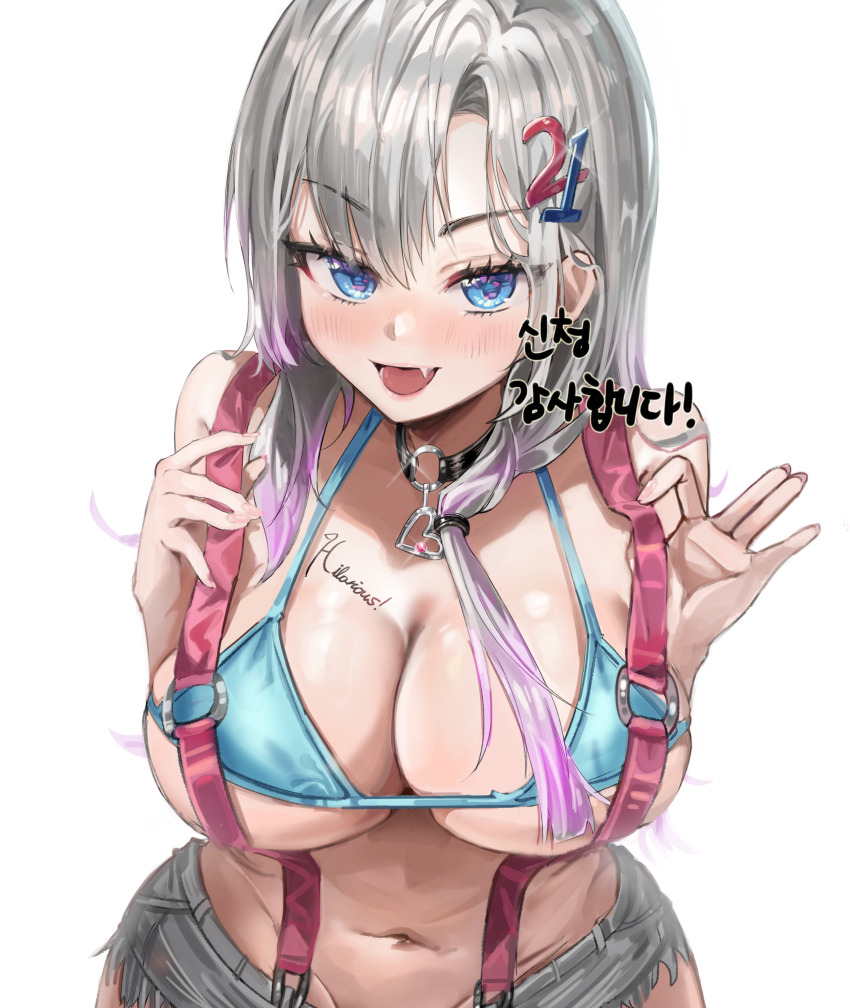 1girl, absurdres, bare_shoulders, bikini, black_choker, blue_bikini, blue_eyes, breasts