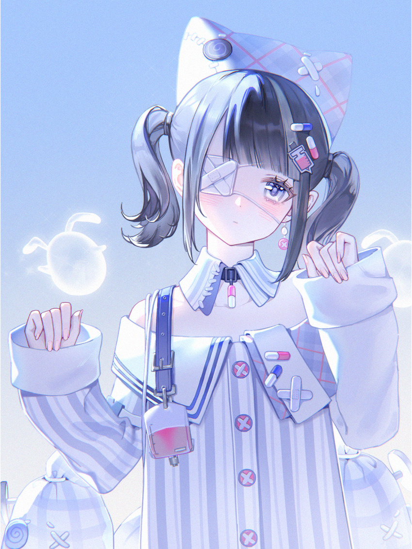 1girl, animal_ear_headwear, animal_ears, asymmetrical_sleeves, bare_shoulders, beanie, belt, belt_buckle, belt_collar, black_belt, black_hair, blood, blood_bag, blue_eyes, blue_hat, blue_sky, buckle, buttons, cat_ears, closed_mouth, collar, collarbone, collared_dress, crossed_bandaids, day, detached_collar, dress, earrings, esseling_(infinity_nikki), eureka_(infinity_nikki), expressionless, eyelashes, eyepatch, fake_animal_ears, fingernails, gradient_sky, grey_eyes, hair_ornament, hairclip, hat, highres, infinity_nikki, jewelry, light_blush, light_frown, long_sleeves, medical_eyepatch, mismatched_sleeves, multicolored_hair, navel, nikki_(series), off-shoulder_dress, off_shoulder, outdoors, pill_hair_ornament, plaid_hat, quirky_idea_(infinity_nikki), sad_sack_(infinity_nikki), short_hair, short_twintails, shoulder_belt, single_earring, sky, sleeve_cuffs, sleeves_past_wrists, solo, streaked_hair, striped_clothes, striped_dress, syringe, syringe_hair_ornament, twintails, upper_body, vertical-striped_clothes, vertical-striped_collar, vertical-striped_dress, white_collar, white_dress, zhike_tangjiang