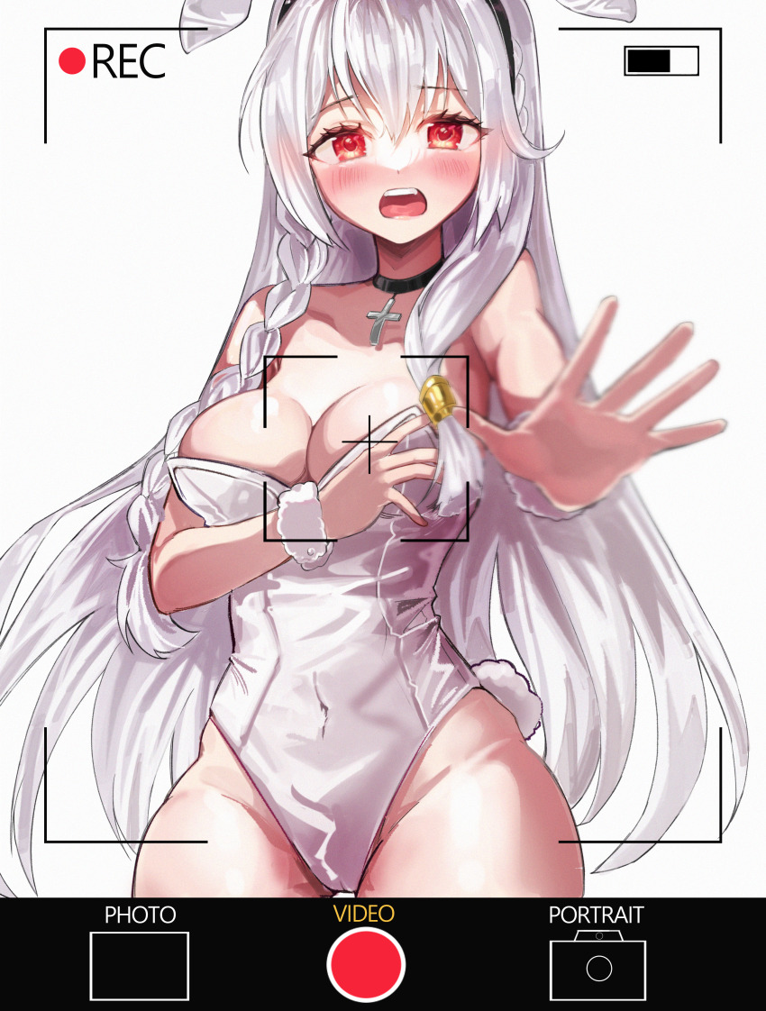 1girl, absurdres, bare_shoulders, black_choker, blush, braid, breasts, choker