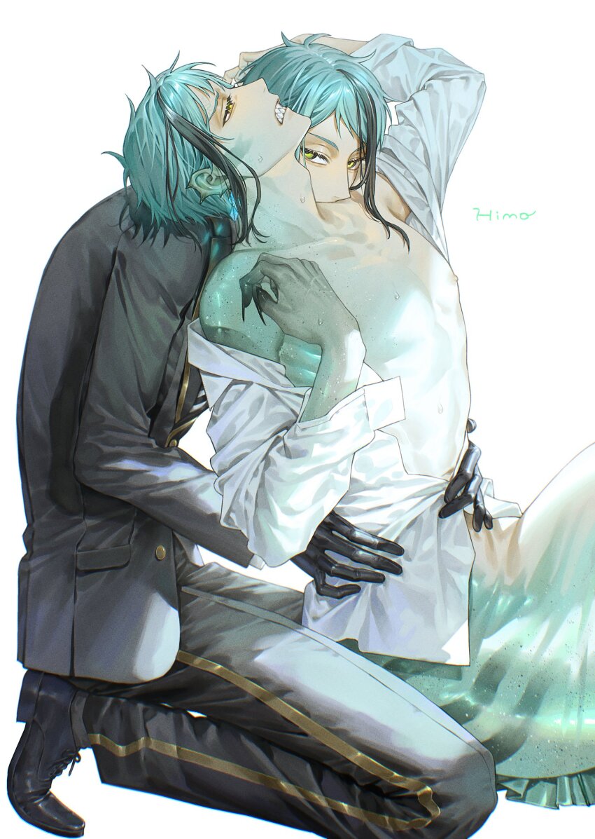 2boys, abs, absurdres, adam's_apple, arm_up, artist_name, bare_pectorals, black_gloves