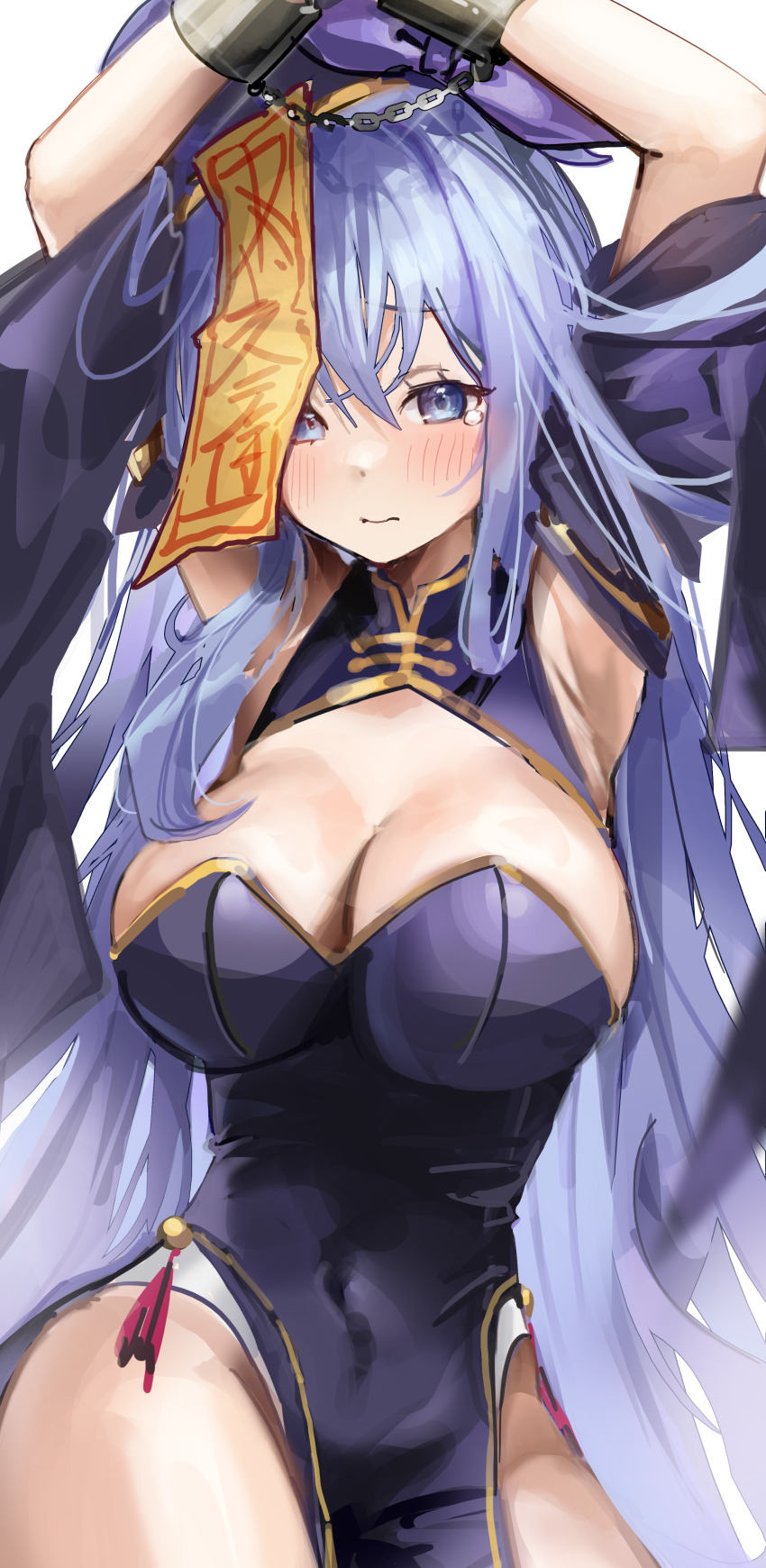 1girl, 3:, absurdres, armpits, arms_up, blue_dress, blue_eyes, blue_hair