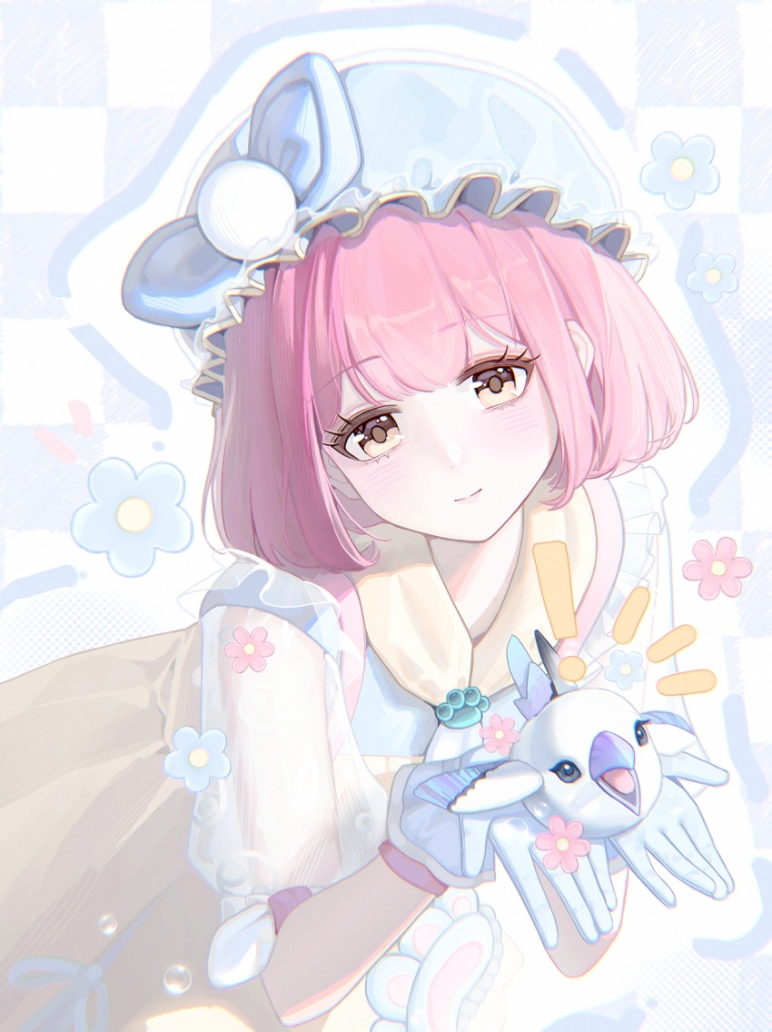!, 1girl, ambird_(infinity_nikki), animal, apron, bird, blue_background, blue_bow, blue_flower, blue_gloves, blue_hat, blue_shirt, blunt_bangs, blunt_ends, bob_cut, bow, brooch, brown_pupils, bubble_print, bye-bye_dust_(infinity_nikki), checkered_background, closed_mouth, cowboy_shot, eyelashes, flower, frilled_headwear, gloves, happy, hat, hat_bow, highres, holding, holding_animal, holding_bird, infinity_nikki, jewelry, leaning_forward, light_blush, looking_at_viewer, mob_cap, nikki_(series), notice_lines, outline, paw_print, pink_flower, pink_hair, pocket, pom_pom_hat_ornament, puffy_short_sleeves, puffy_sleeves, scarf, see-through_clothes, see-through_sleeves, shirt, short_hair, short_sleeves, sleeve_bow, smile, solo, two-tone_background, white_background, white_bow, white_outline, white_sleeves, yellow_apron, yellow_eyes, yellow_scarf, zhike_tangjiang