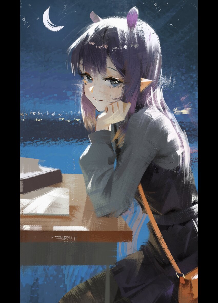 1girl, absurdres, black_dress, blue_eyes, closed_mouth, crescent_moon, dress, gradient_hair