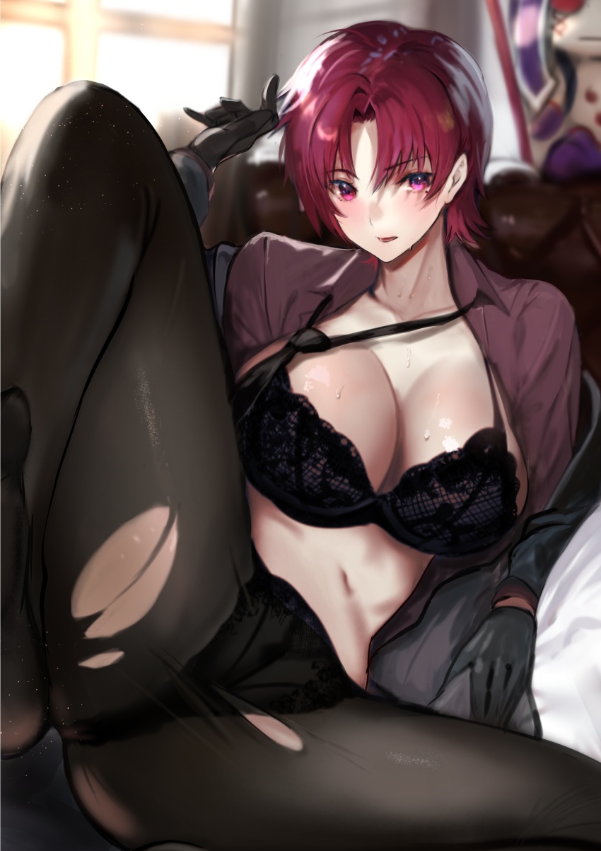 1girl, absurdres, bazett_fraga_mcremitz, black_bra, black_gloves, black_jacket, black_necktie, black_panties