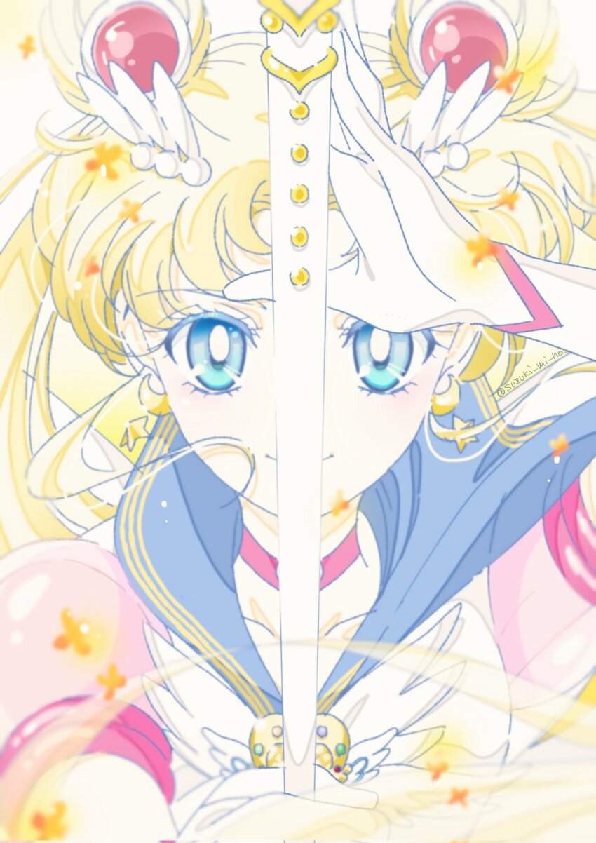 1girl, bishoujo_senshi_sailor_moon, blonde_hair, blue_eyes, blue_sailor_collar, choker, crescent, crescent_earrings