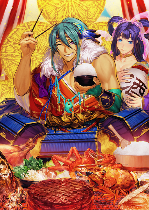 1boy, 1girl, ;d, armor, armored_gloves, black_headband, blue_eyes, bowl