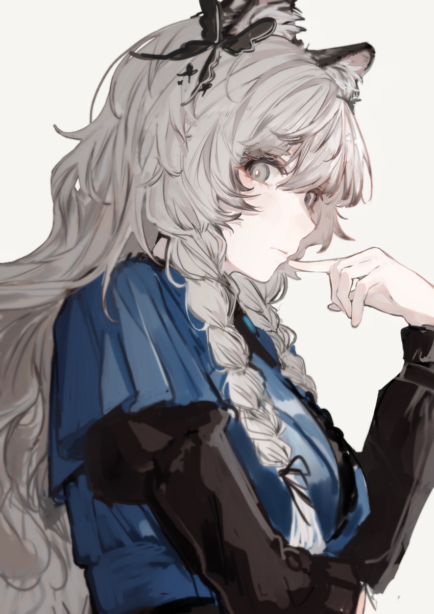 1girl, animal_ear_fluff, animal_ears, arknights, blue_coat, braid, butterfly_hair_ornament, coat