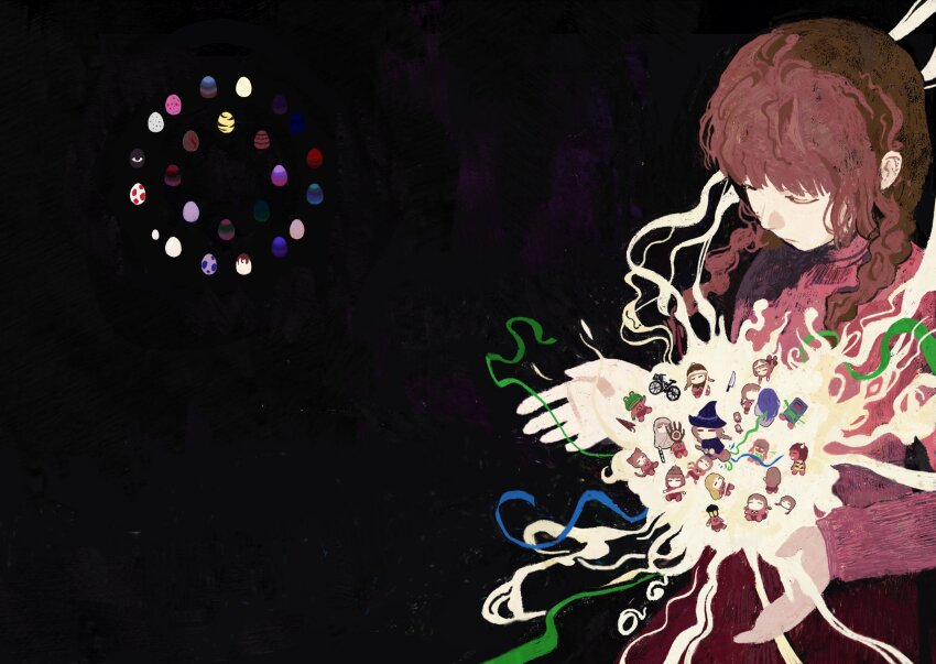 6+girls, absurdres, animal_ears, bicycle, blonde_hair, braid, broom, broom_riding, brown_hair, cat_ears, closed_eyes, closed_mouth, colored_skin, cowboy_shot, dark_background, egg, faceless, faceless_female, hat, head_down, highres, horns, knife, long_hair, lululu0111, madotsuki, mini_person, minigirl, multiple_girls, multiple_persona, object_head, pink_sweater, red_skin, red_skirt, skirt, sweater, tail, twin_braids, umbrella, witch_hat, yuki_onna_(yume_nikki), yume_nikki