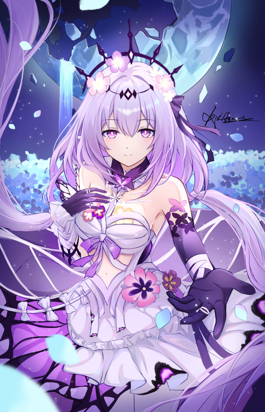 1girl, absurdres, black_tiara, breasts, castorice_(honkai:_star_rail), clothing_cutout, commentary_request, dress