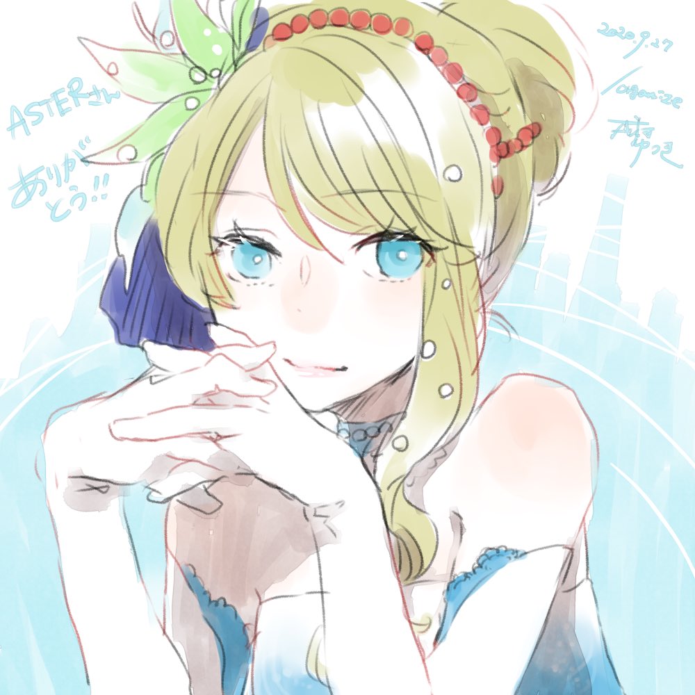 1girl, blonde_hair, blue_dress, blue_eyes, closed_mouth, commentary_request, dated, dress