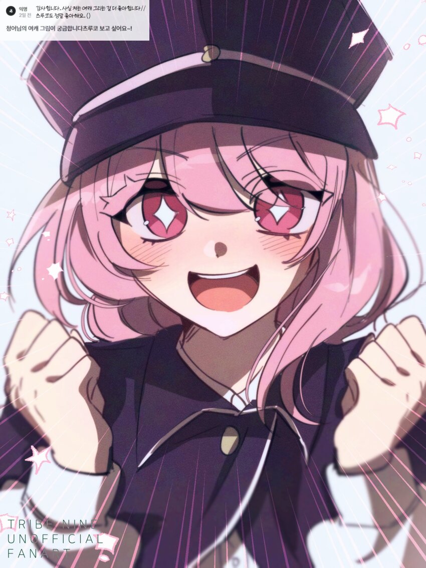 +_+, 1girl, :d, black_cape, black_hat, blush, cape, clenched_hand