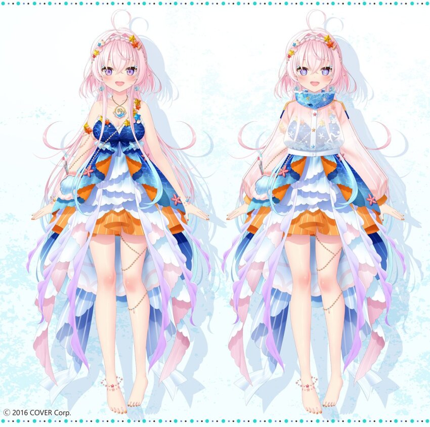 1girl, :d, ahoge, airani_iofifteen, airani_iofifteen_(goddess), barefoot, blue_dress, blue_hair, commentary_request, cropped_jacket, crossed_bangs, dress, empire_waist, feet, frilled_dress, frills, full_body, gradient_hair, hair_between_eyes, hair_intakes, hololive, hololive_indonesia, jacket, layered_dress, layered_skirt, long_hair, long_sidelocks, multicolored_hair, official_alternate_costume, official_art, open_mouth, pink_hair, purple_eyes, see-through_clothes, see-through_jacket, short_dress, sidelocks, skirt, sleeveless, sleeveless_dress, smile, star-shaped_pupils, star_(symbol), strapless, strapless_dress, symbol-shaped_pupils, toes, very_long_hair, virtual_youtuber, white_dress, yano_mitsuki_(nanairo)