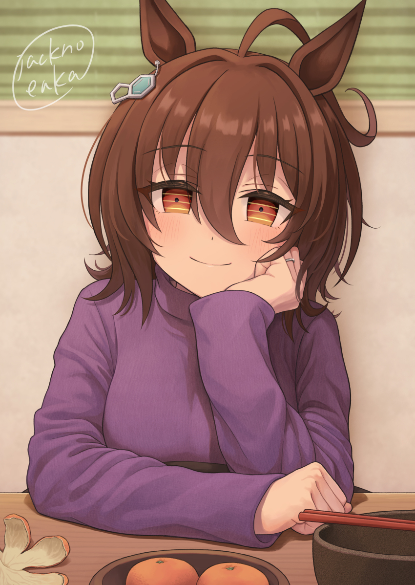 1girl, absurdres, agnes_tachyon_(umamusume), animal_ears, artist_name, blush, bowl, brown_hair, chemical_structure, chopsticks, commentary_request, earrings, food, fruit, hand_on_own_cheek, hand_on_own_face, head_rest, highres, horse_ears, horse_girl, indoors, jack_(jacknoeaka), jewelry, long_sleeves, looking_at_viewer, mandarin_orange, official_alternate_costume, purple_sweater, single_earring, smile, solo, sweater, table, umamusume, wooden_table