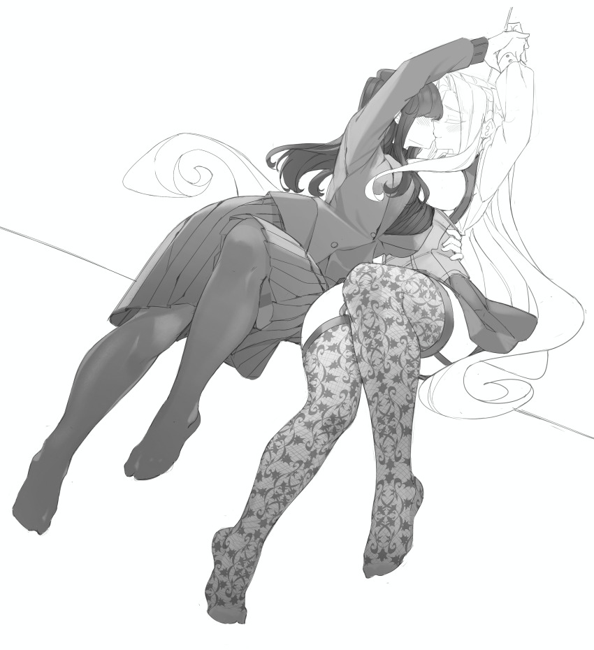 2girls, absurdres, black_hair, black_pantyhose, blush, breasts, full_body, garter_belt