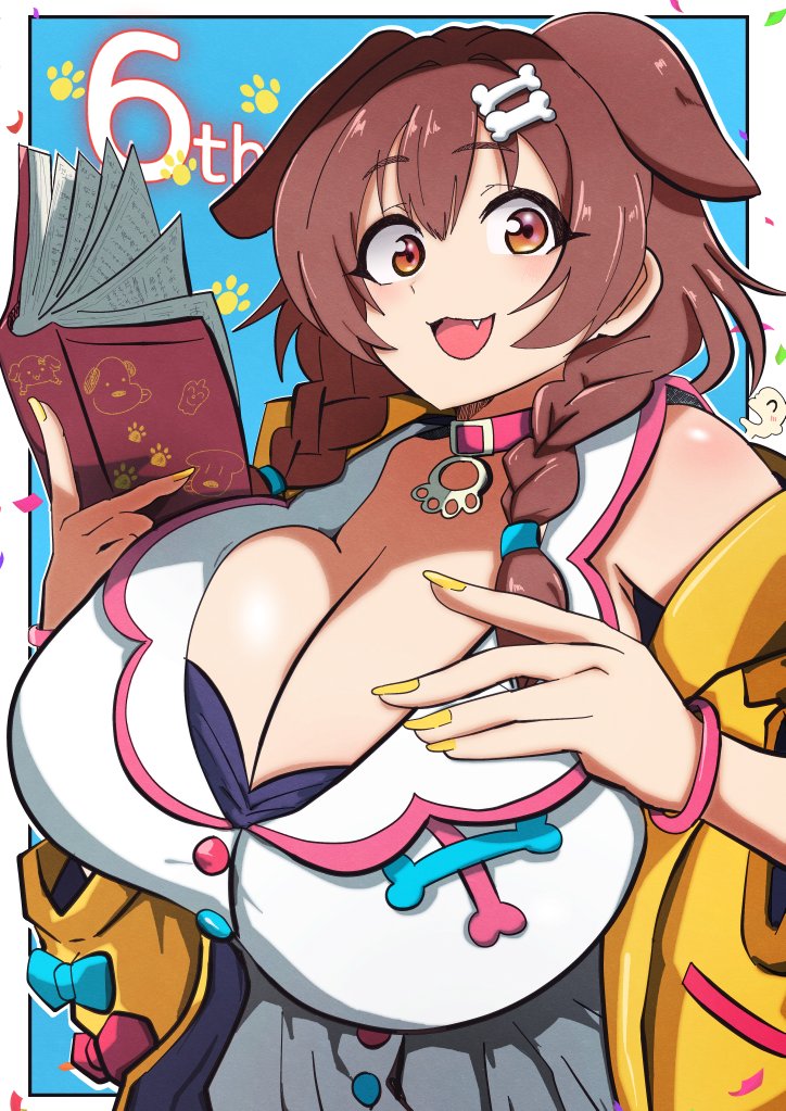 029skysky, 1girl, alternate_breast_size_(larger), animal_collar, animal_ears, anniversary, blush, bone_hair_ornament, bone_print, braid, breasts, brown_eyes, brown_hair, cartoon_bone, cleavage, collar, dog_ears, dog_girl, dog_tail, dress, hair_between_eyes, hair_ornament, hand_on_own_chest, happy_anniversary, hololive, huge_breasts, inugami_korone, inugami_korone_(1st_costume), jacket, listener_(inugami_korone), long_hair, looking_at_viewer, low_twin_braids, open_mouth, paw_print, paw_print_background, red_collar, smile, solo, tail, twin_braids, upper_body, virtual_youtuber, white_dress, yellow_jacket, yellow_nails
