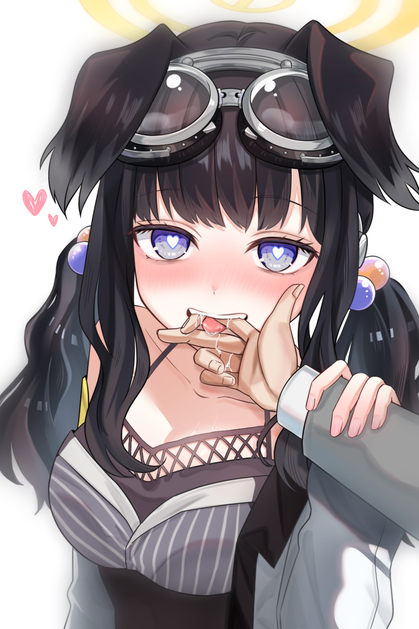 1girl, 1other, absurdres, animal_ears, black_hair, blue_archive, blue_eyes, blush, bready_(nikke), bready_(nikke)_(cosplay), breasts, commentary, cosplay, dog_ears, dog_girl, drooling, goddess_of_victory:_nikke, goggles, goggles_on_head, grabbing_another's_arm, hair_bobbles, hair_ornament, halo, heart, heart-shaped_pupils, hibiki_(blue_archive), highres, jacket, licking, licking_another's_finger, licking_finger, looking_at_viewer, papiko_(mochipapiko), pov, pov_hands, shirt, simple_background, small_breasts, symbol-shaped_pupils, twintails, yellow_halo