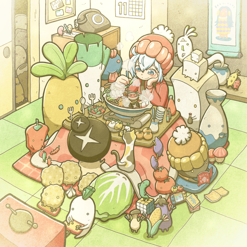 1girl, 6+others, absurdres, amabie, blue_eyes, blue_hair, book, calendar_(object)