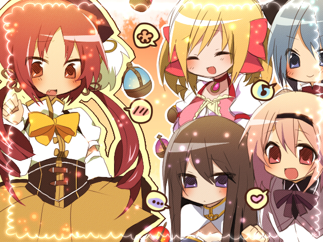 ..., 5girls, ^_^, akemi_homura, akemi_homura_(cosplay), akemi_homura_(magical_girl), alternate_hairstyle, bad_id