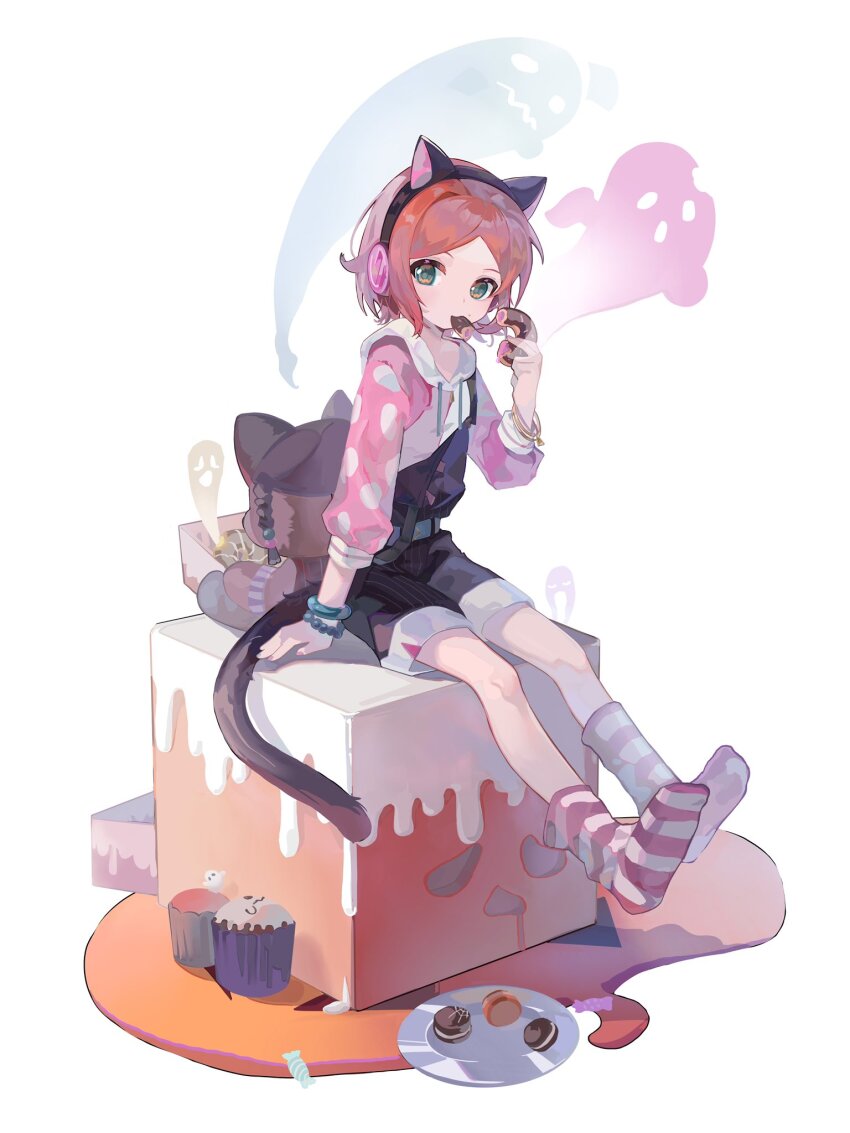 1boy, angorausagi_(buxiangzhishi), animal_ear_headphones, animal_ears, aoi_hinata, arm_support, belt, black_overalls, box, bracelet, candy, cat_ear_headphones, cat_ears, cat_tail, child, cube, cupcake, donut, drawstring, eating, ensemble_stars!, expressionless, fake_animal_ears, fake_tail, food, food_in_mouth, full_body, ghost, green_eyes, halloween, headphones, highres, hood, hoodie, jelly_donut_(food), jewelry, looking_to_the_side, macaron, male_focus, nail_polish, orange_hair, outstretched_legs, overall_shorts, overalls, parted_bangs, pink_hoodie, pink_socks, plate, polka_dot, short_hair, shorts_rolled_up, sitting, socks, strap_slip, striped_clothes, striped_socks, stuffed_toy, sweets_box_(ensemble_stars!), tail, three-quarter_sleeves, vertical-striped_overalls, white_hood, wrapped_candy