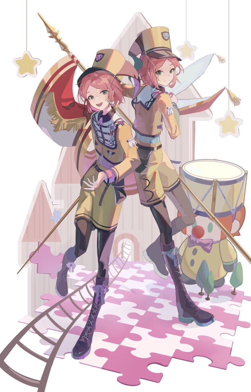 2boys, :d, aiguillette, angorausagi_(buxiangzhishi), aoi_hinata, aoi_yuta, belt, belt_pouch, bishounen, black_belt, black_boots, black_pantyhose, black_trim, boots, bow, buckle, cardboard, clown_nose, collared_jacket, drum, ensemble_stars!, flag, foot_up, full_body, green_bow, green_eyes, hair_ornament, hairclip, hat, hat_tassel, highres, holding, holding_flag, idol, instrument, jacket, jigsaw_puzzle, knee_boots, lace-up_boots, light_smile, long_sleeves, looking_at_viewer, looking_back, male_focus, medal, multiple_boys, official_alternate_costume, open_mouth, orange_hair, pantyhose, parted_bangs, pocket, pouch, purple_bow, puzzle, railroad_tracks, ribbed_shirt, shako_cap, shirt, short_hair, shorts, smile, star_(symbol), stuffed_toy, turning_head, yellow_hat, yellow_jacket, yellow_shorts