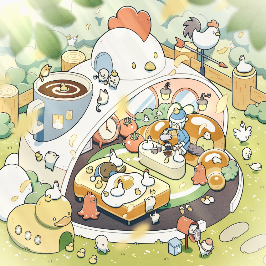 1girl, 6+others, absurdres, baby_animal, bed, bird, black_cat, cat, chick, chicken, clock, coffee, coffee_mug, coffee_pot, coffee_table, couch, cup, egg_(food), fence, food, food-themed_furniture, food_art, hat, highres, holding, holding_cup, holding_toothbrush, mailbox_(incoming_mail), mug, multiple_others, nest, newspaper, nightcap, original, oversized_food, oversized_object, sleeping, slippers, table, tako-san_wiener, tomato, toothbrush, tti_design, unworn_slippers, weather_vane, wooden_fence