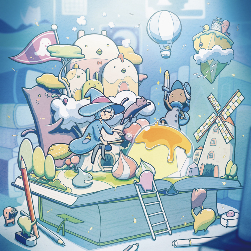 1girl, 6+others, absurdres, aircraft, binder_clip, bird, black_cat, black_shoes, blush, book, bookmark, broom, cat, cat_teaser, dress, eraser, fantasy, fish, fishing_rod, food, food_art, grey_hair, helmet, highres, holding, holding_fishing_rod, holding_sword, holding_wand, holding_weapon, hot_air_balloon, ladder, multiple_others, mushroom, open_mouth, original, pen, pencil, shield, shoes, slime_(creature), sword, tako-san_wiener, tti_design, wand, weapon, white_bird, windmill