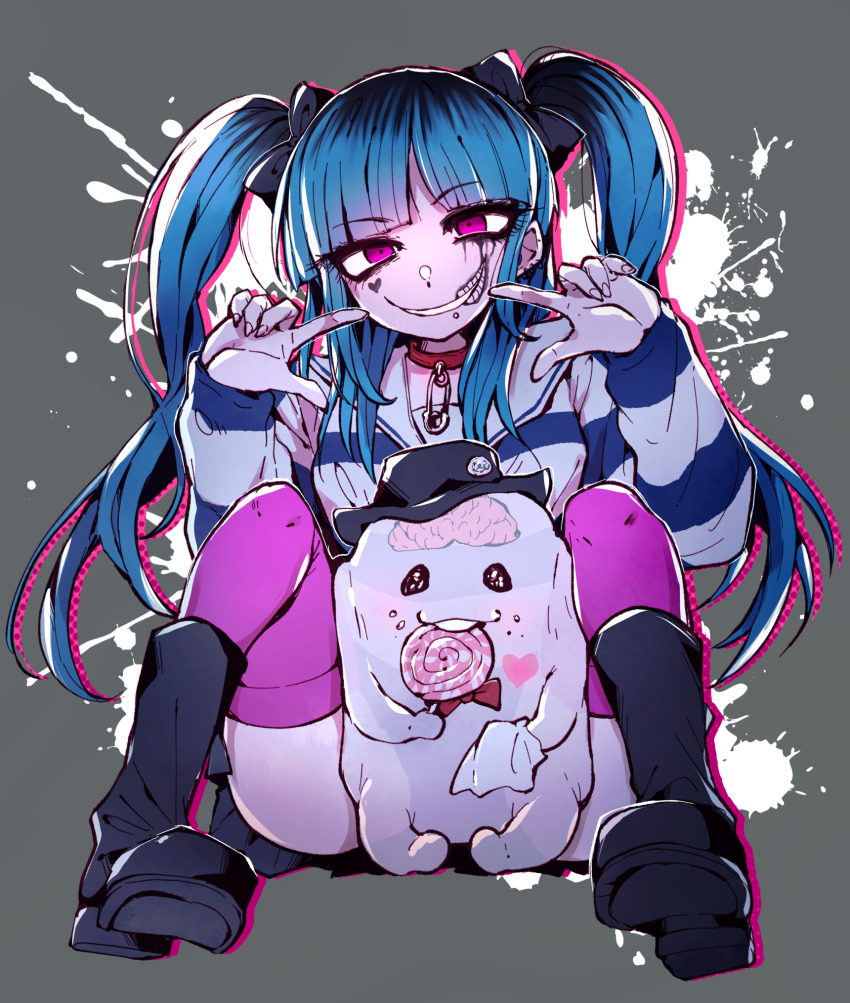 1girl, amemiya_darumi, black_shoes, blue_hair, blue_sweater, brain, candy, collar, fingernails, food, highres, legs, legs_apart, lollipop, long_hair, long_sleeves, looking_at_viewer, pink_eyes, pink_thighhighs, pointing, pointing_at_self, safety_pin, shoes, sirei_(hundred_line), smile, spread_legs, striped_clothes, striped_sweater, sweater, the_hundred_line_-last_defense_academy-, thighhighs, twintails, white_sweater